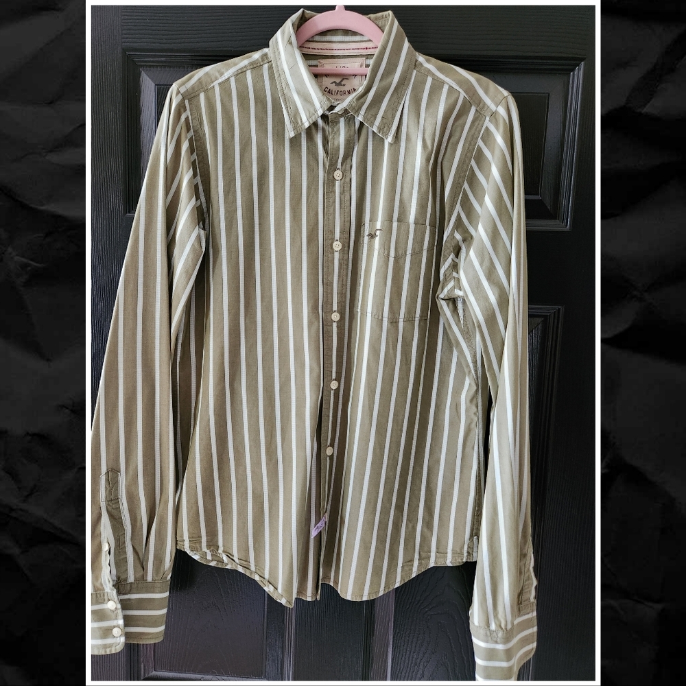 Hollister Olive Green White Striped Button Down Shirt Long Sleeve Size Medium